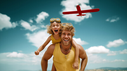 Man carries smiling child on his back while they play together. Bright sunny day with fluffy clouds creates joyful atmosphere. Concept of family bonding, outdoor activities, children’s playtime