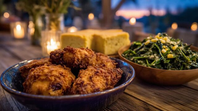 Indulge in a comforting Southern feast featuring crispy fried chicken, moist cornbread, buttery corn on the cob, and flavorful seasoned greens.