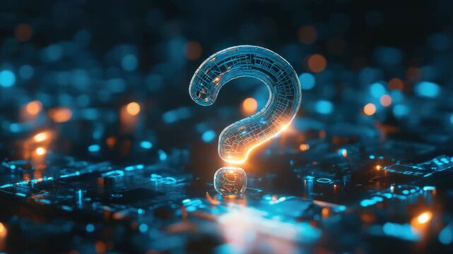 Science fiction concept with a question mark on top of circuit boards in the dark, symbolizing inquiry or discovery amidst advanced technology.