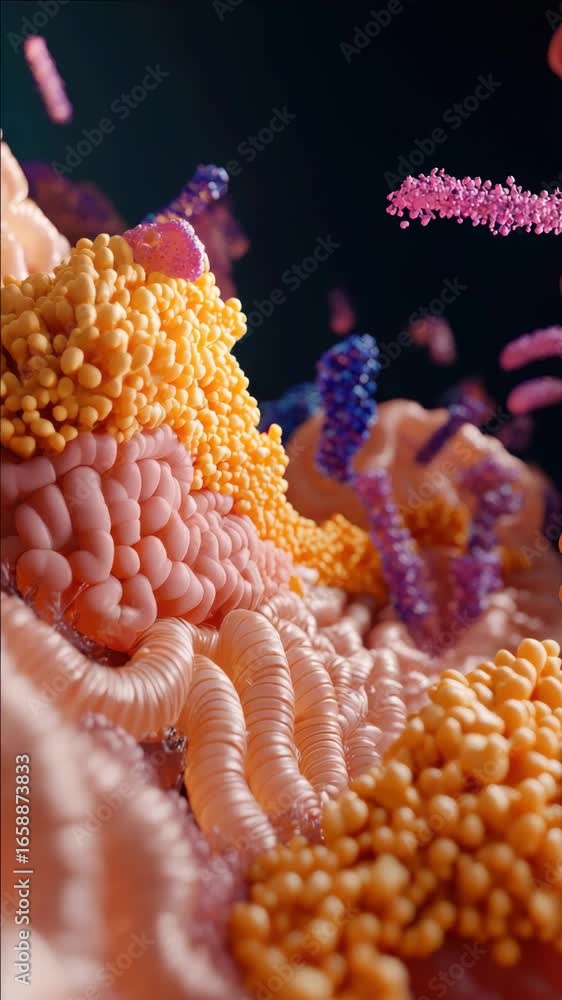 Poster microscopic view of multicolored and structured cells with protrusions, possibly bacterial or cellul