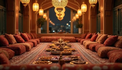 Luxurious Majlis setup with plush low seating, spread of delicious Saudi snacks, sweets on patterned carpet. Ornate hanging lanterns illuminate cozy interior, creating inviting atmosphere for guests,