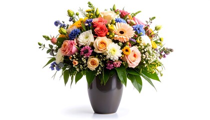 Colorful bouquet of various flowers in a dark gray vase