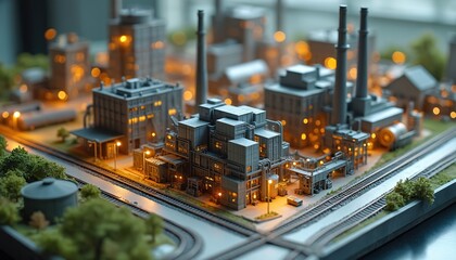 Miniature industrial complex model featuring multiple factory buildings, roads, railways on platform. Tiny cars, rich plants surround detailed structures. Warm lights emanate from windows, creating