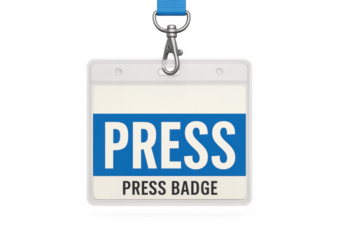Press badge hanging with blue lanyard on transparent background