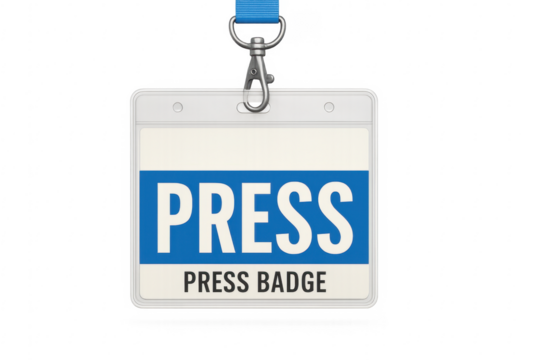 Press badge hanging with blue lanyard on transparent background
