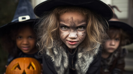 Children dressed as witches express excitement for Halloween. Clear autumn setting with pumpkins and playful costumes. Concept of Halloween events, kids’ activities, festive celebrations