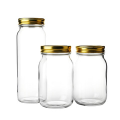 Three clear glass jars with golden lids of varying sizes  in a studio shot on transparent background