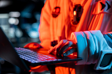 Close up of orbit station technician typing on laptop keyboard, troubleshooting red light alert....