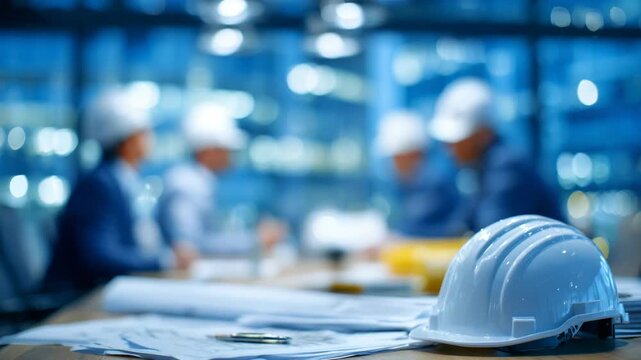 A shiny hard hat rests on a conference table with pens and notes, while site supervisors and project engineers in protective gear are visible through frosted glass.