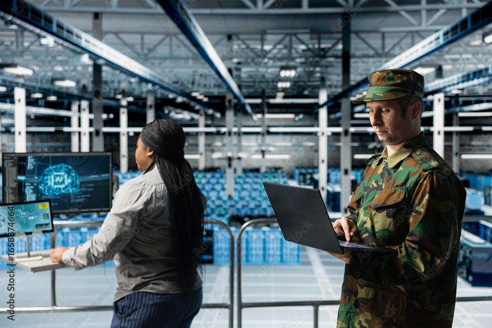 Poster team of army tech experts in data center conducting threat simulations using ai neural networks. tea