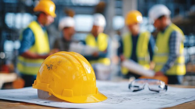 A wooden table with a yellow hard hat and safety goggles sets the scene for a diverse team discussing an interior floor plan.