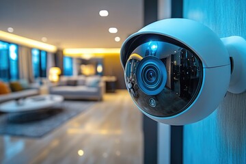 White security camera dome with a blue indicator light mounted on a wall. It oversees a bright, modern interior living space, providing constant electronic observation and protection for the property.