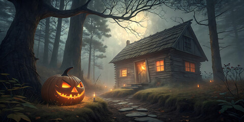 Halloween night scene with luminous Jack-o'-Lantern glowing in misty forest near an old wooden cabin for spooky effect