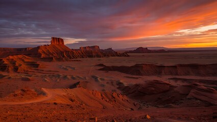 Majestic desert landscape at sunrise with fiery sky and rock formations