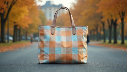 Large tote bag with vibrant checked pattern in orange, blue, beige stands on autumn park road. Stylish accessory features leather handles, roomy interior, perfect for travel, shopping, everyday use.