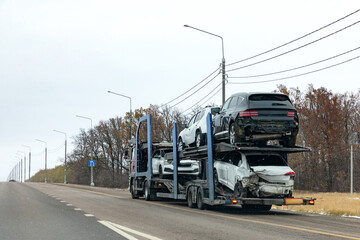 Car Service Transportation Concept. Tow Truck Transporting Car Or Help On Road Transports Wrecker...