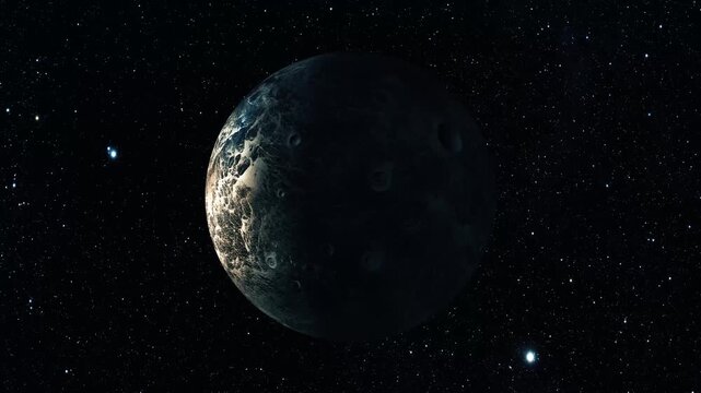 Mysterious 3d ceres planet animation with rugged terrain in deep space, surrounded by stars