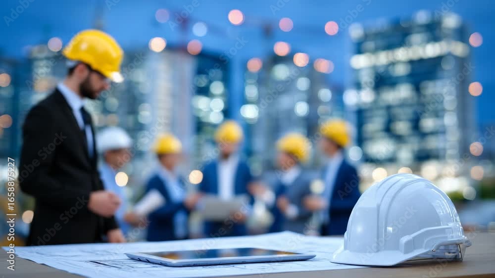 Poster efficient office setup featuring a hard hat and tablet with a building model, set against a dynamic 