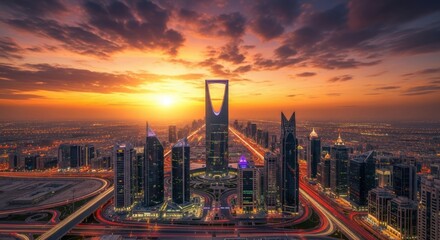 Fototapeta premium Aerial View of a Modern City Skyline at Sunset With Dramatic Clouds