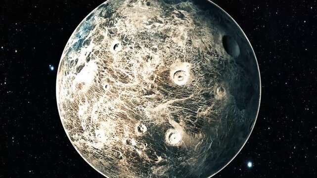 Mysterious 3d ceres planet animation with rugged terrain in deep space, surrounded by stars