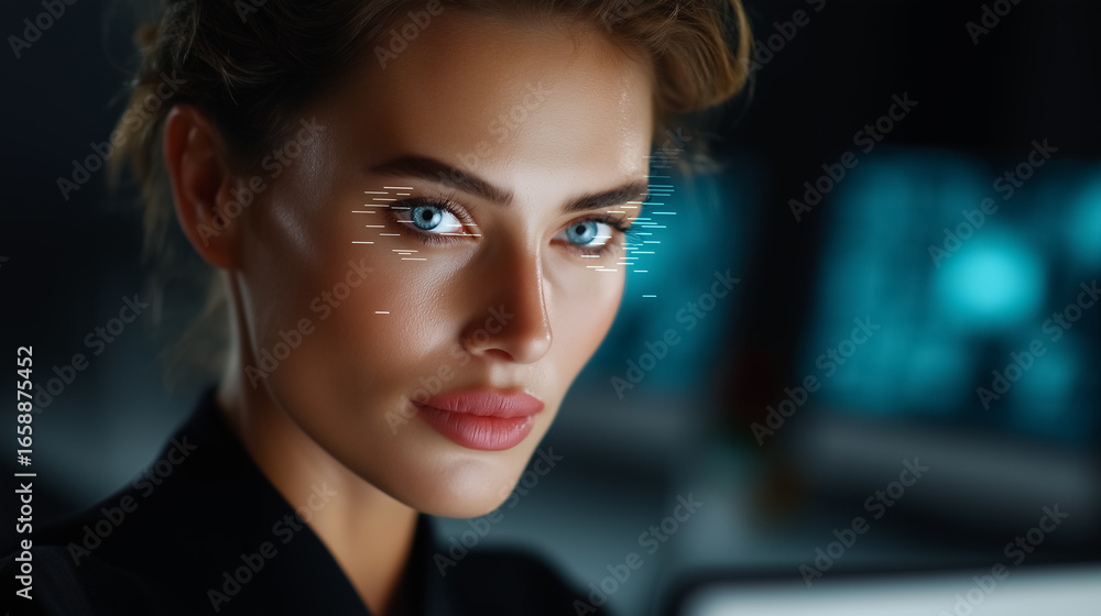 Aufkleber woman with captivating blue eyes looks confidently at camera while interacting with advanced deepfak