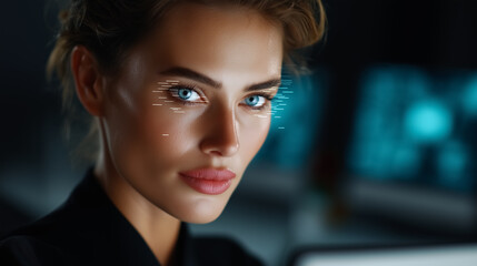 Woman with captivating blue eyes looks confidently at camera while interacting with advanced deepfake detection technology in sleek office setting