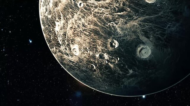 Mysterious 3d ceres planet animation with rugged terrain in deep space, surrounded by stars