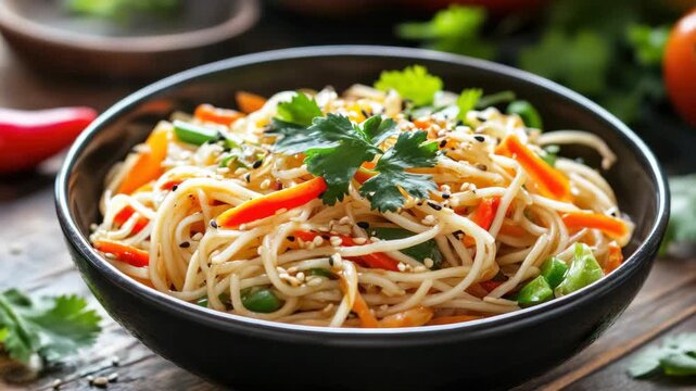 A delicious vegetable spaghetti soup served in a black bowl, garnished with fresh herbs.