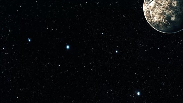 Mysterious 3d ceres planet animation with rugged terrain in deep space, surrounded by stars