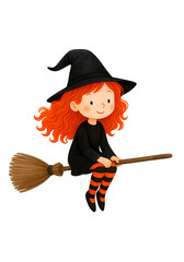 Cute Halloween Witch Watercolor Illustration, Magical Girl Character Clipart Isolated