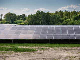A fence with a solar panel behind it. The fence is made of metal and has a green bush growing out...