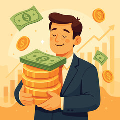A businessman holds a stack of large, colorful coins and bills, symbolizing financial success. His expression is one of satisfaction and