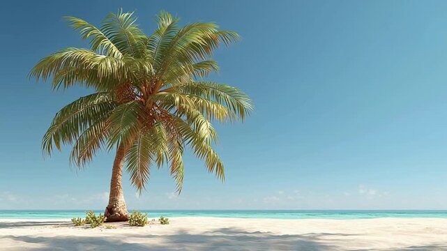 A lone palm tree graces a pristine beach bathed in sunlight, with the crystal-clear ocean meeting the azure sky, epitomizing tropical serenity.