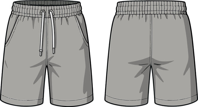 A pair of casual shorts with an elastic waistband and drawstrings, shown from the front and back. The design emphasizes functionality with neat