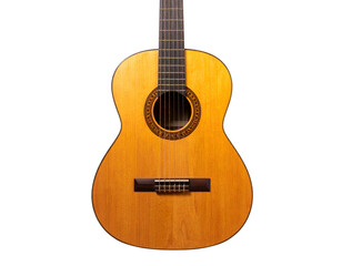 Obraz premium Angled Side View of Acoustic Guitar Resting Upright with Visible Shadow, Transparent Background