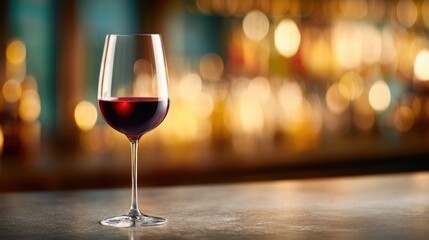 Red wine glass on bar counter with lights