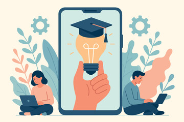 A giant smartphone stands upright as the central focus, displaying a hand holding a light bulb adorned with a graduation cap, symbolizing innovative