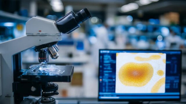 Close-up of a confocal microscope examining a fluorescent sample, highlighting precision engineering with a softly focused lab backdrop.