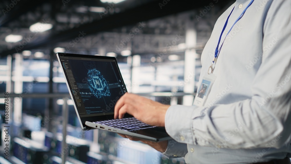 Poster close up of it specialist in server room doing ai deep learning automatization. data center software