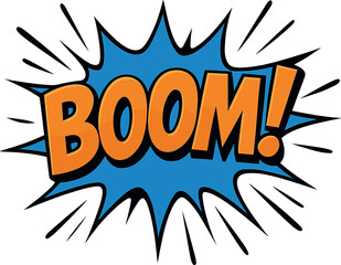 A dynamic comic explosion featuring the word 'BOOM!' in large, orange letters. A spiky blue burst surrounds the text, with black lines radiating