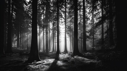 Fototapeta premium Sunlit forest tall trees, filtered light, creating a moody, atmospheric scene with shadows