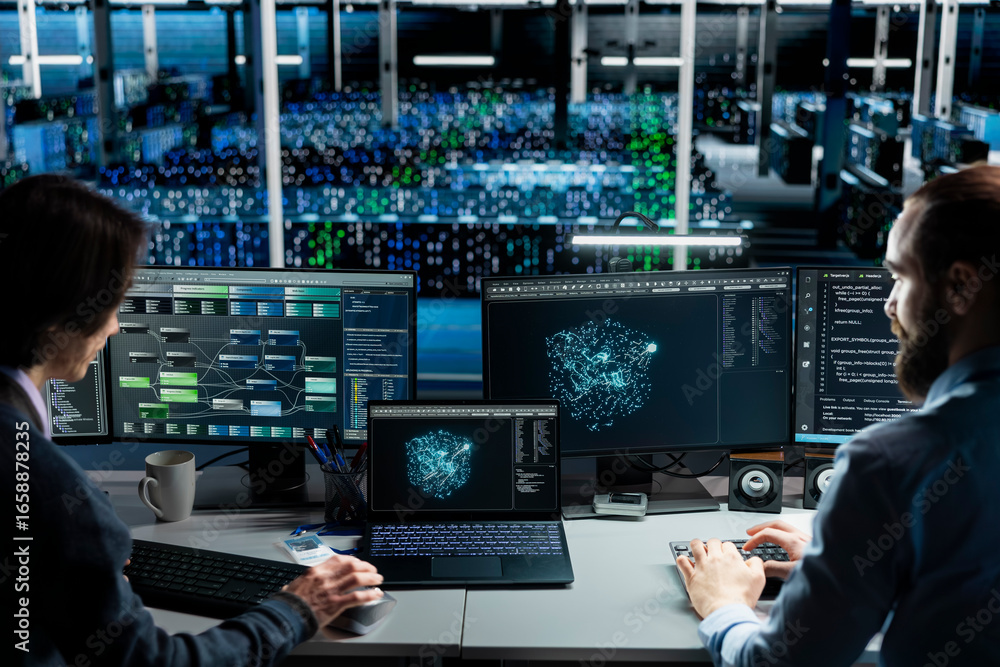 Poster data center technicians monitoring ai applications, adjusting machine learning parameters. teamworki