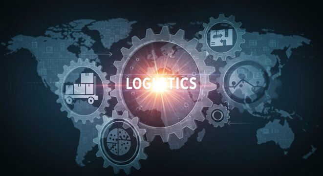 Gear graphics with LOGISTICS text and world map