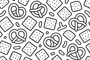 A playful pattern of pretzels and crackers arranged in a whimsical, scattered layout. The pretzels twist and curve, while the crackers provide angular