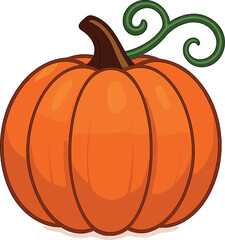 A bright orange pumpkin with a curly green vine, sitting upright as the central focus. Its smooth, rounded shape is accentuated against a clean,