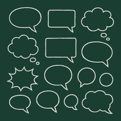 An assortment of chalk-drawn bubbles, both speech and thought, decorates a chalkboard, each with a distinct design. The informal layout suggests
