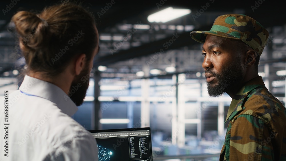 Poster military server room it professionals using ai llm tech on laptop to review network performance. arm