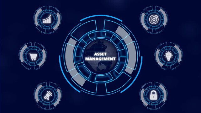 ASSET MANAGEMENT Personal data protection regulation cyber security. Business network concept. a futuristic holographic advanced HUD circle platform Business, network background concept - Powered by Adobe