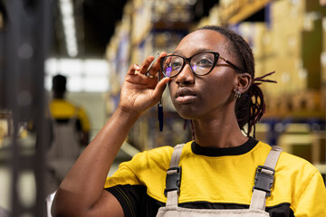 African american warehouse employee reviewing shipping labels on stacked parcels in fulfillment...