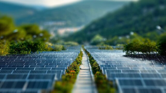 Rows of sleek solar panels in a medium frame reflect ambient light with softly blurred trees and hills in the background symbolizing renewable energys seamless integration.